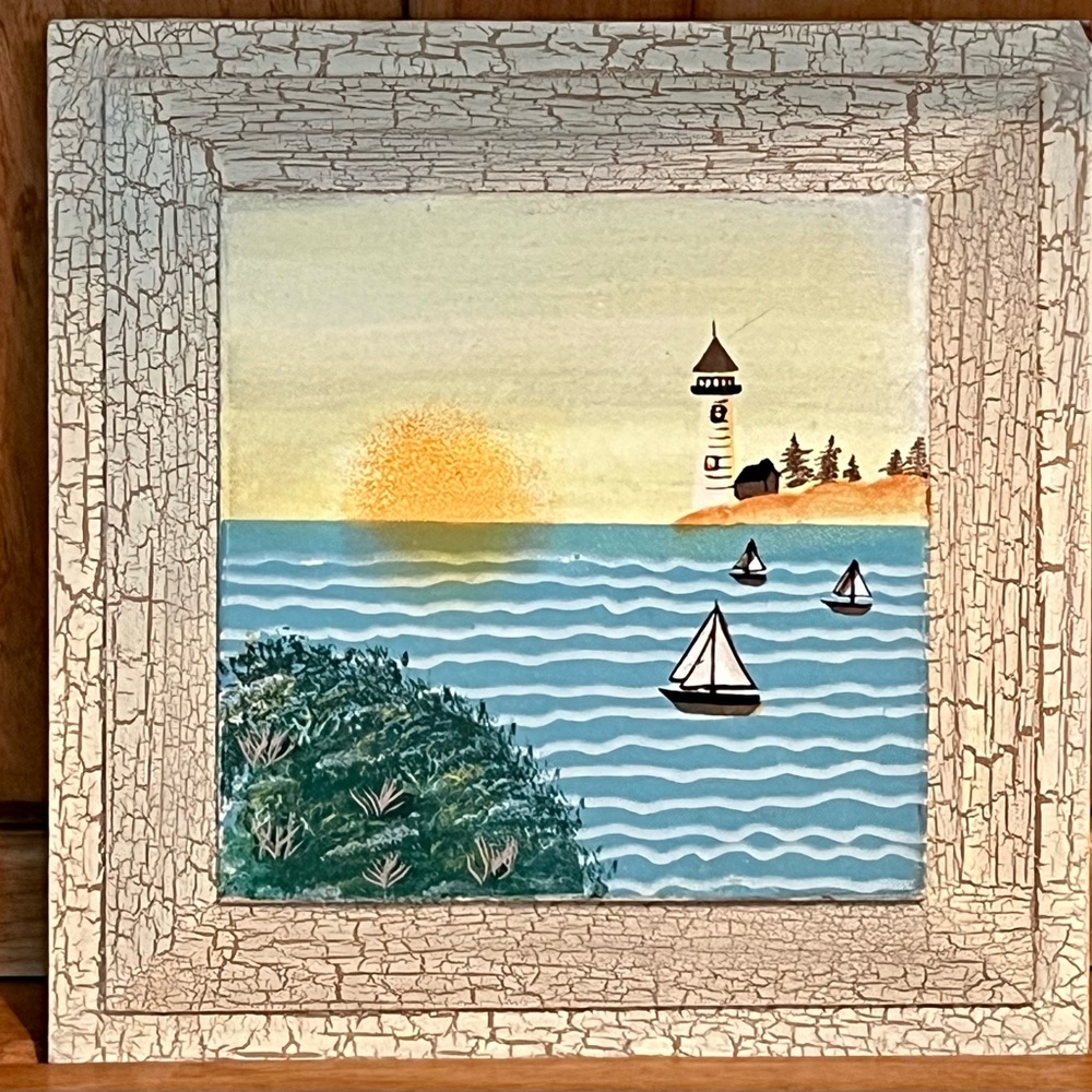 Shabby Chic, Beach Cottage, Nautical Lighthouse Coastal Scene Wall Plaque.